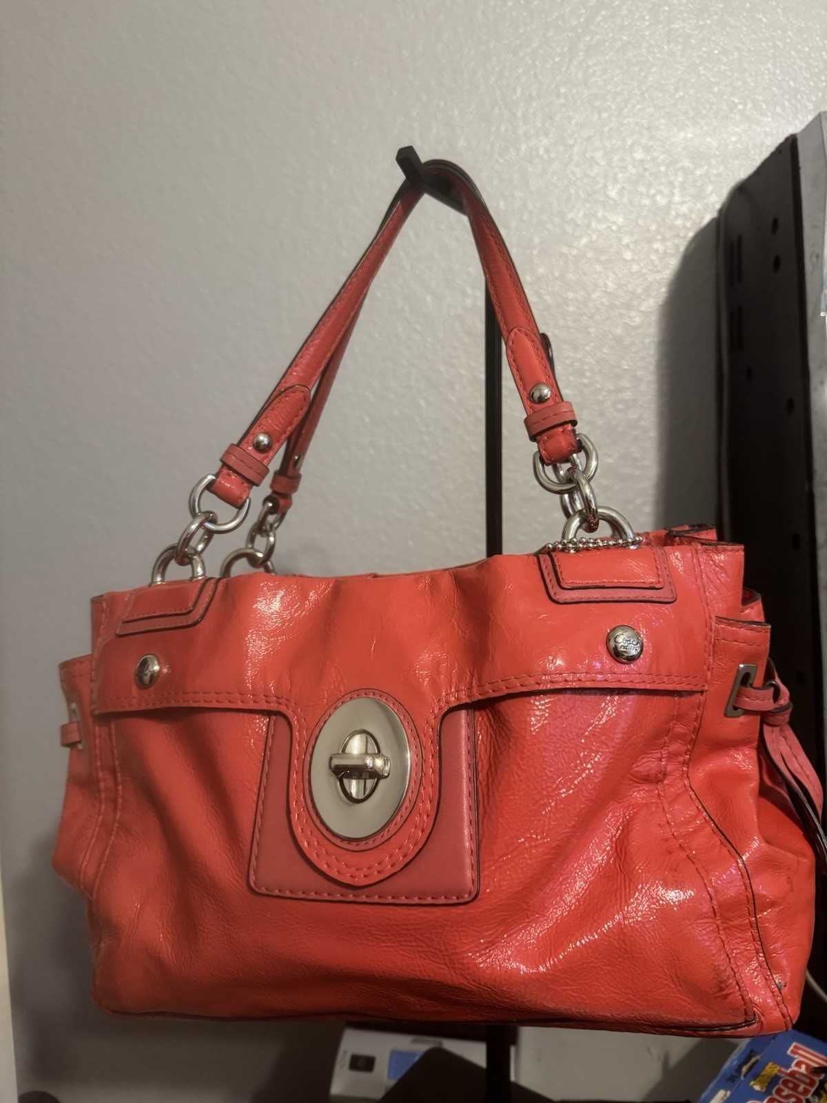 Coach Peyton Carryall Shoulder Bag in coral crinkle-patent leather 424