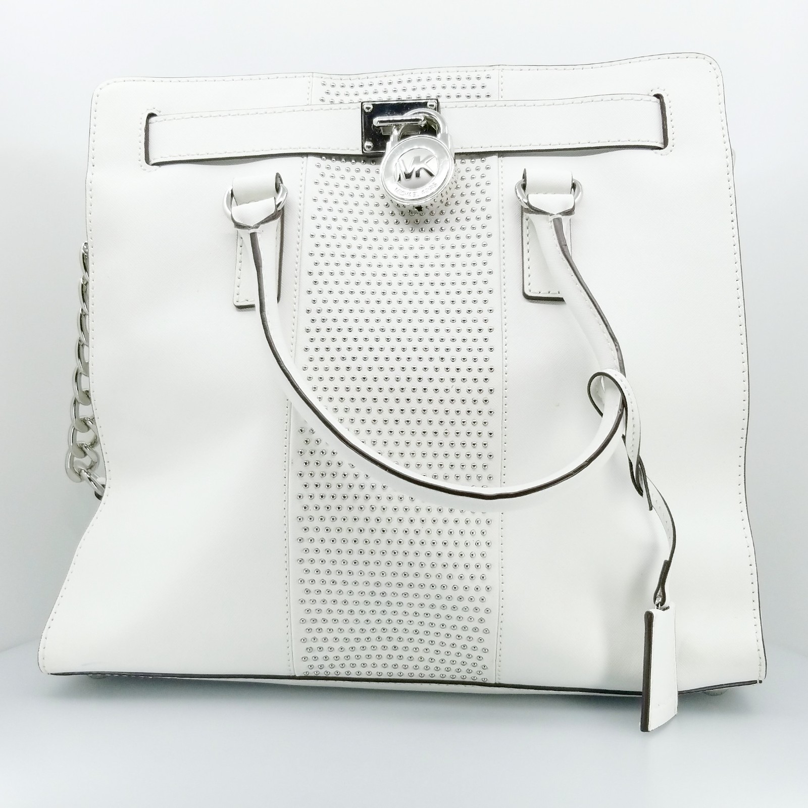 MICHAEL KORS White Leather Large Hamilton Studded Tote with Shoulder Strap