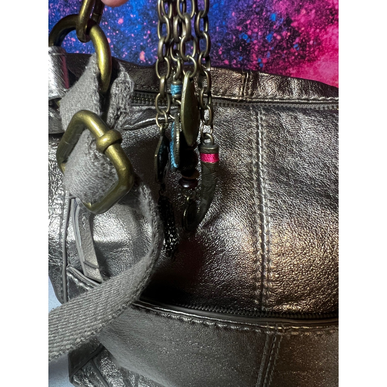 The Sak Metallic Pewter Leather Crossbody Bag Boho Charm Antiqued Brass Hardware
