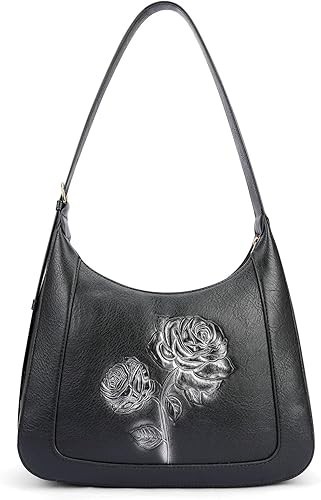 Women’s Vegan Leather Hobo Shoulder Bag Embossed Top Handle Crescent Purse
