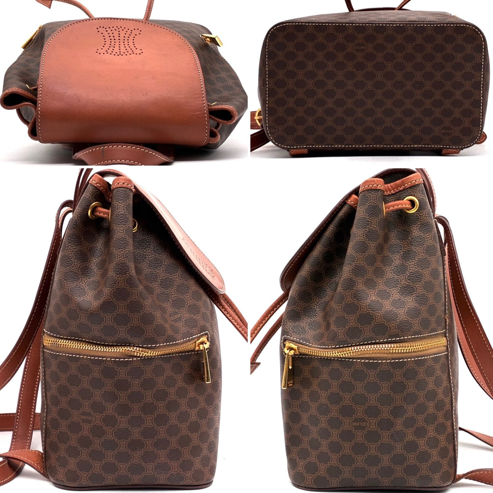 CELINE Macadam Triomphe Punching Backpack Brown PVC Leather Drawstring Bag Italy
