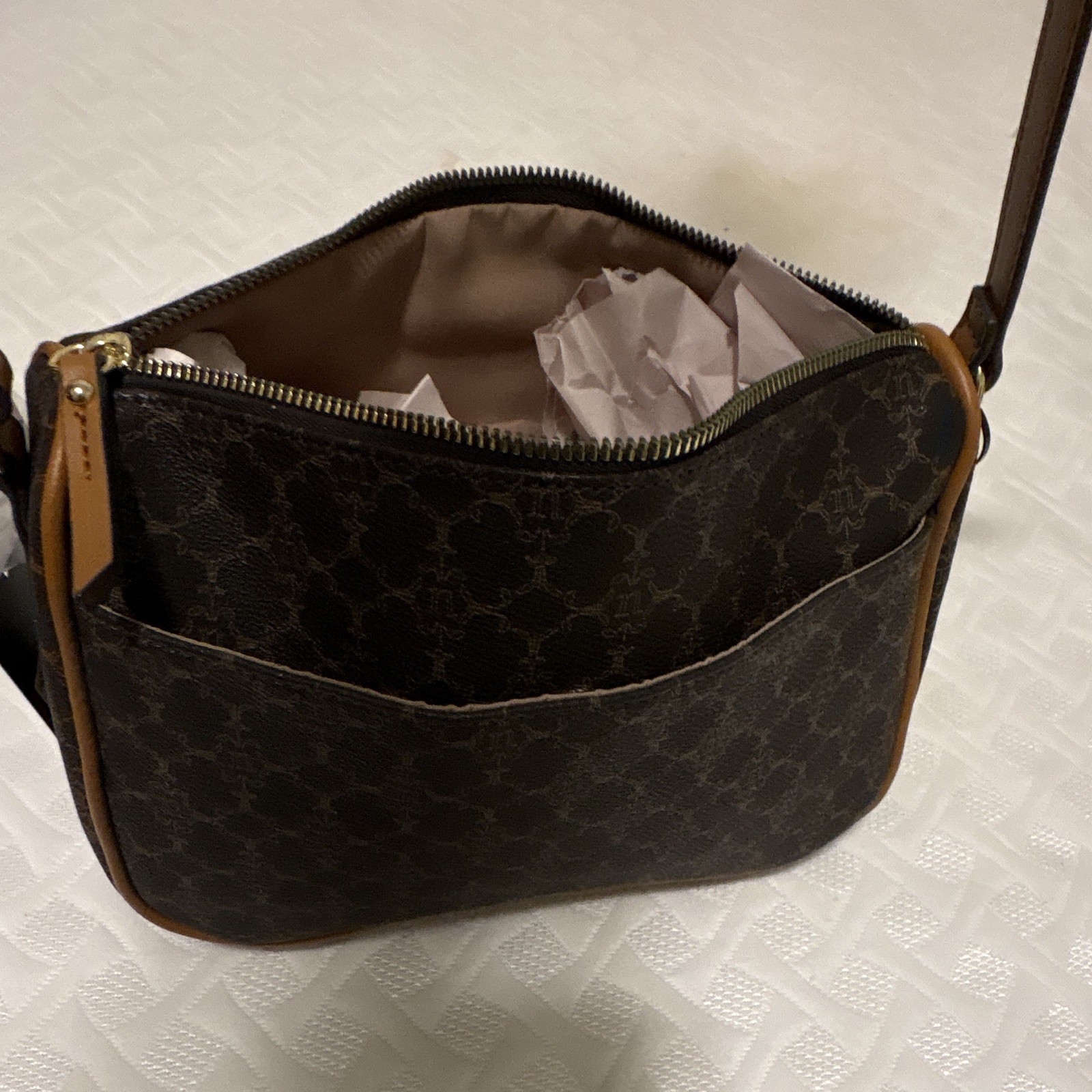 Women’s Small Brown Monogram Crossbody Bag Zip Top Front Pockets Gold Hardware
