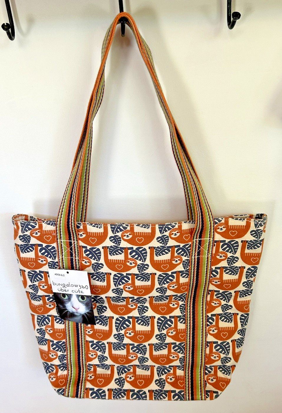 Bungalow 360 Bag Sloth Print Cotton Canvas Tote Purse Blue Orange Cream Pockets