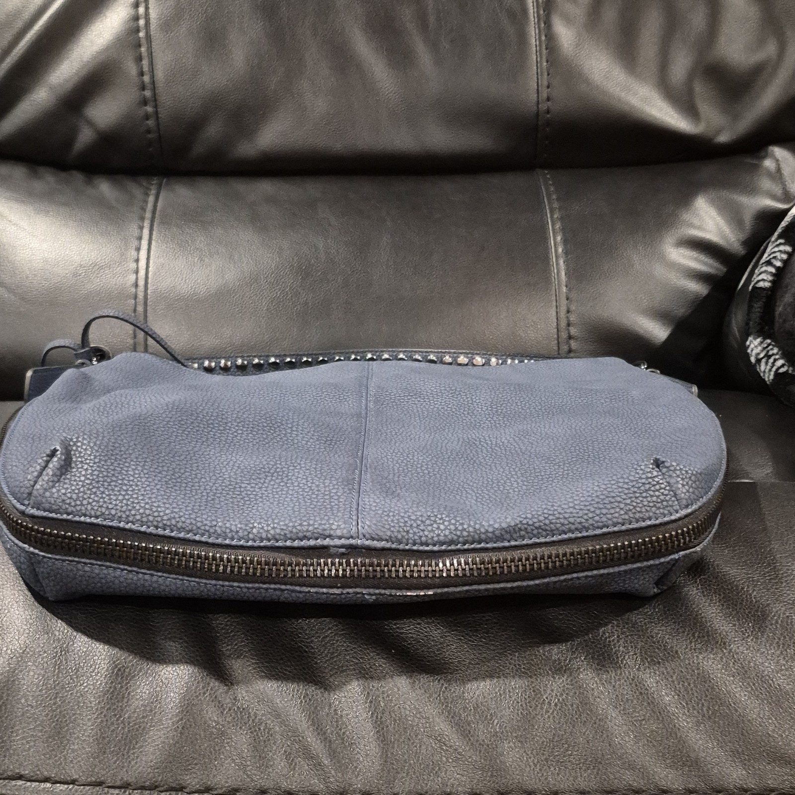 Black Rivet Expandable Blue Shoulder Bag Silver Hardware Studded Zipper Closure