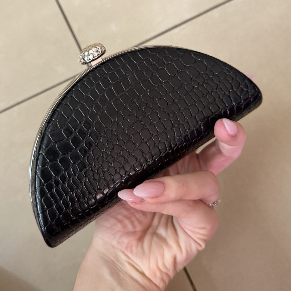 Black Faux Croc Embossed Crescent Clutch w/ Rhinestone Clasp, Silver Chain