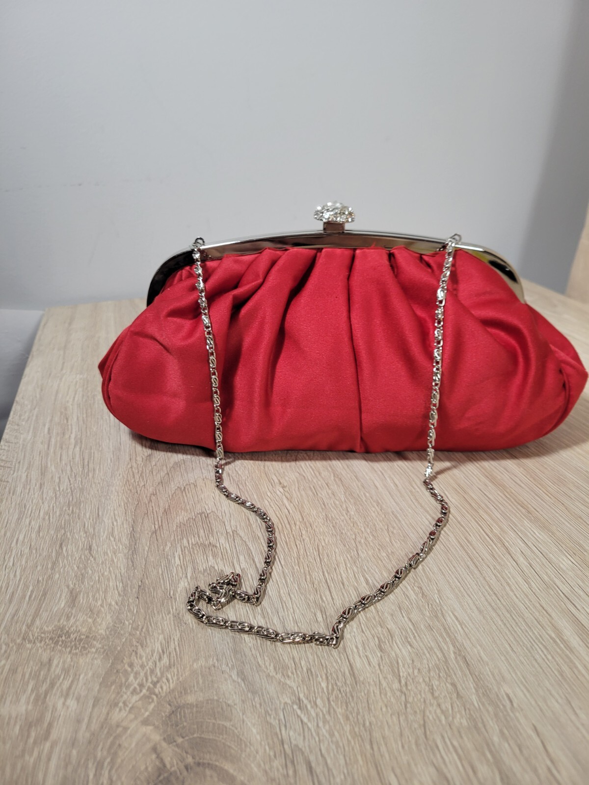 Lulu Townsend Red Clutch w/ Rhinestone Clasp & Chaine strap Purse Night Bag