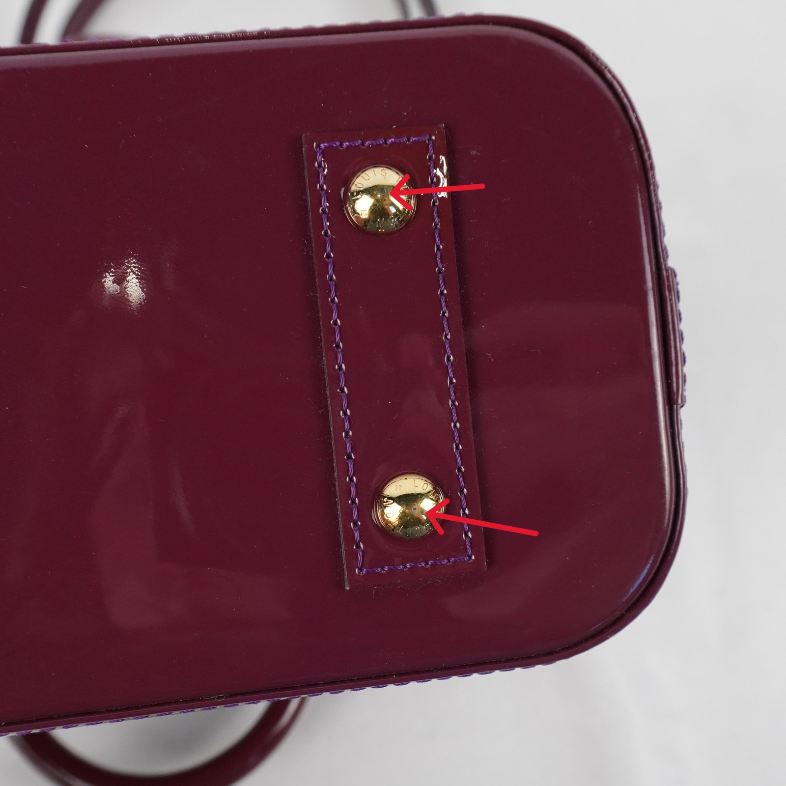 Louis Vuitton Vernis Monogram Alma BB Handbag In Burgundy With Gold Hardware