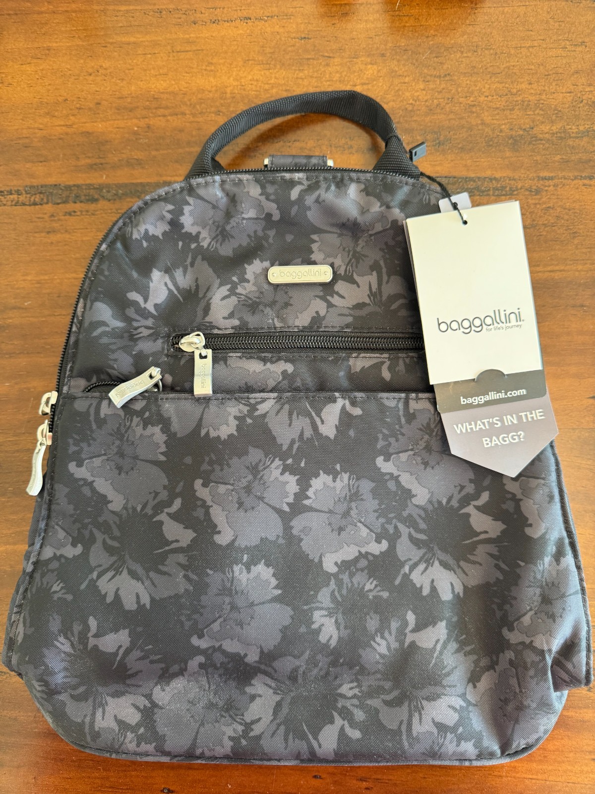 Baggallini Essential Mini Backpack Purse – Built-in RFID Card – Black Floral