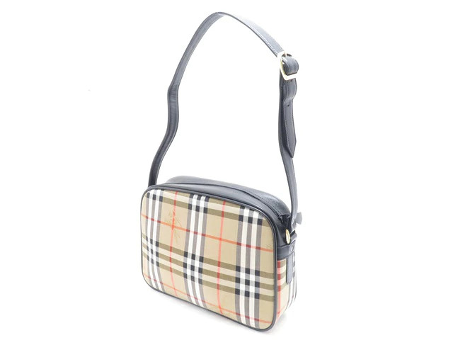 BURBERRY Check One Shoulder Bag Beige / Black Canvas / Leather Women’s #DB013