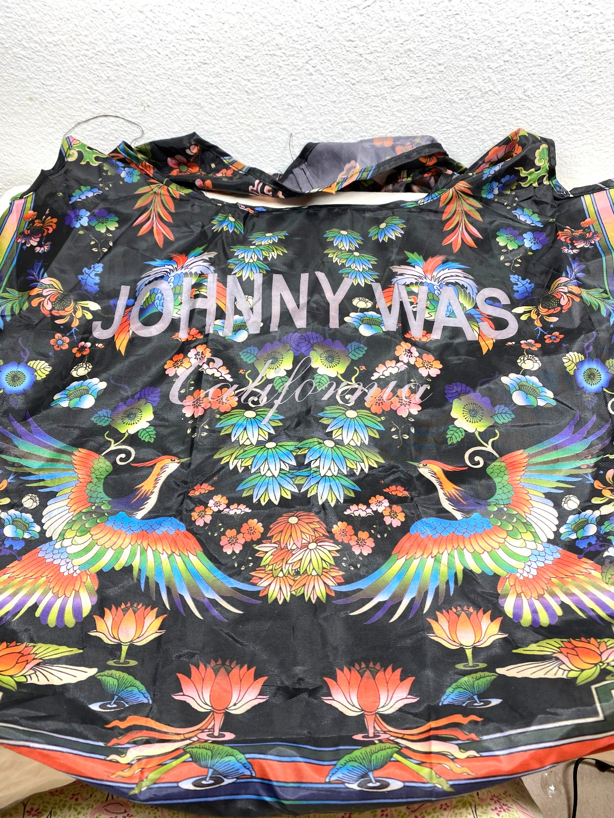 Johnny Was California Bird Floral Black Boho Print Nylon Tote Bag Inside Pocket