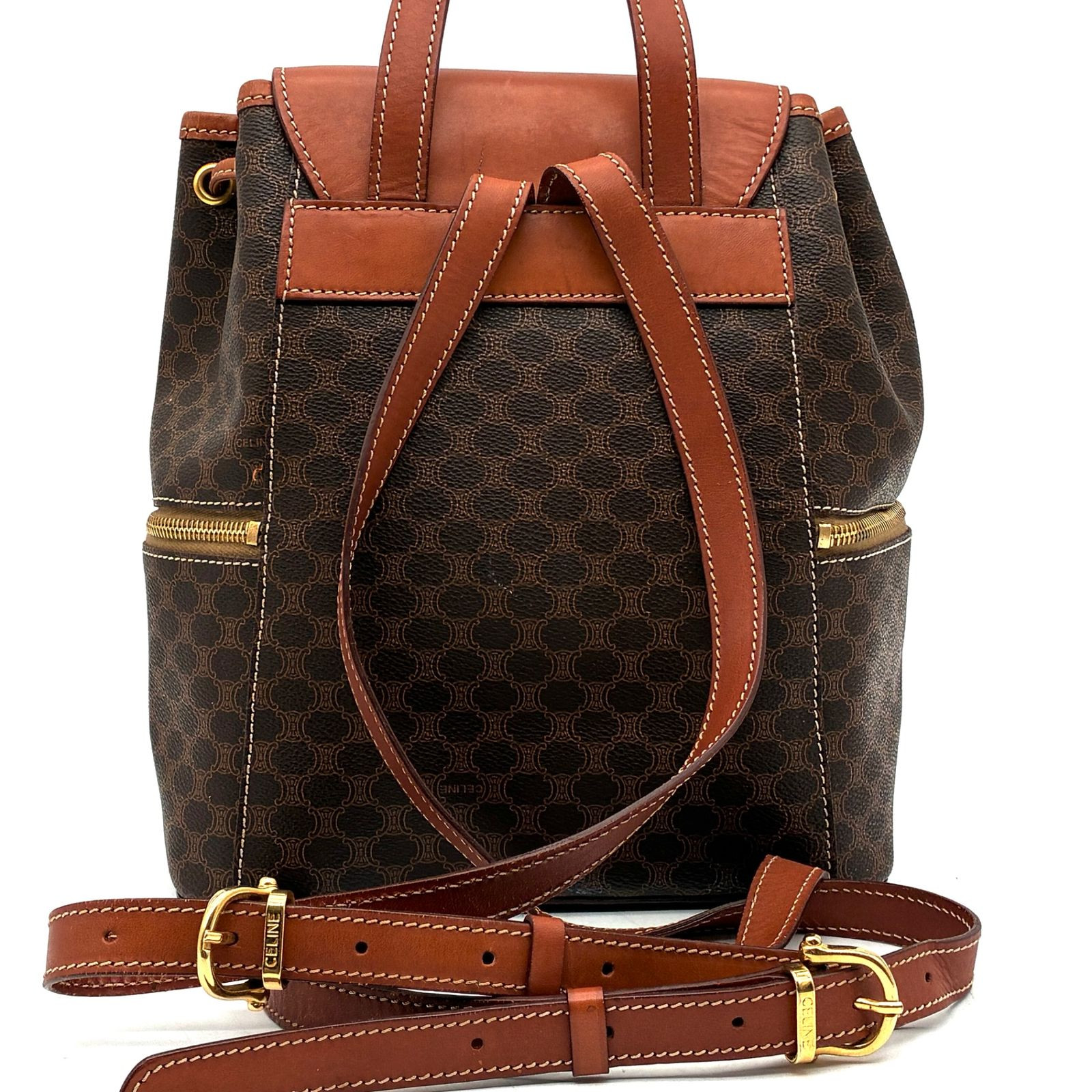 CELINE Macadam Triomphe Punching Backpack Brown PVC Leather Drawstring Bag Italy