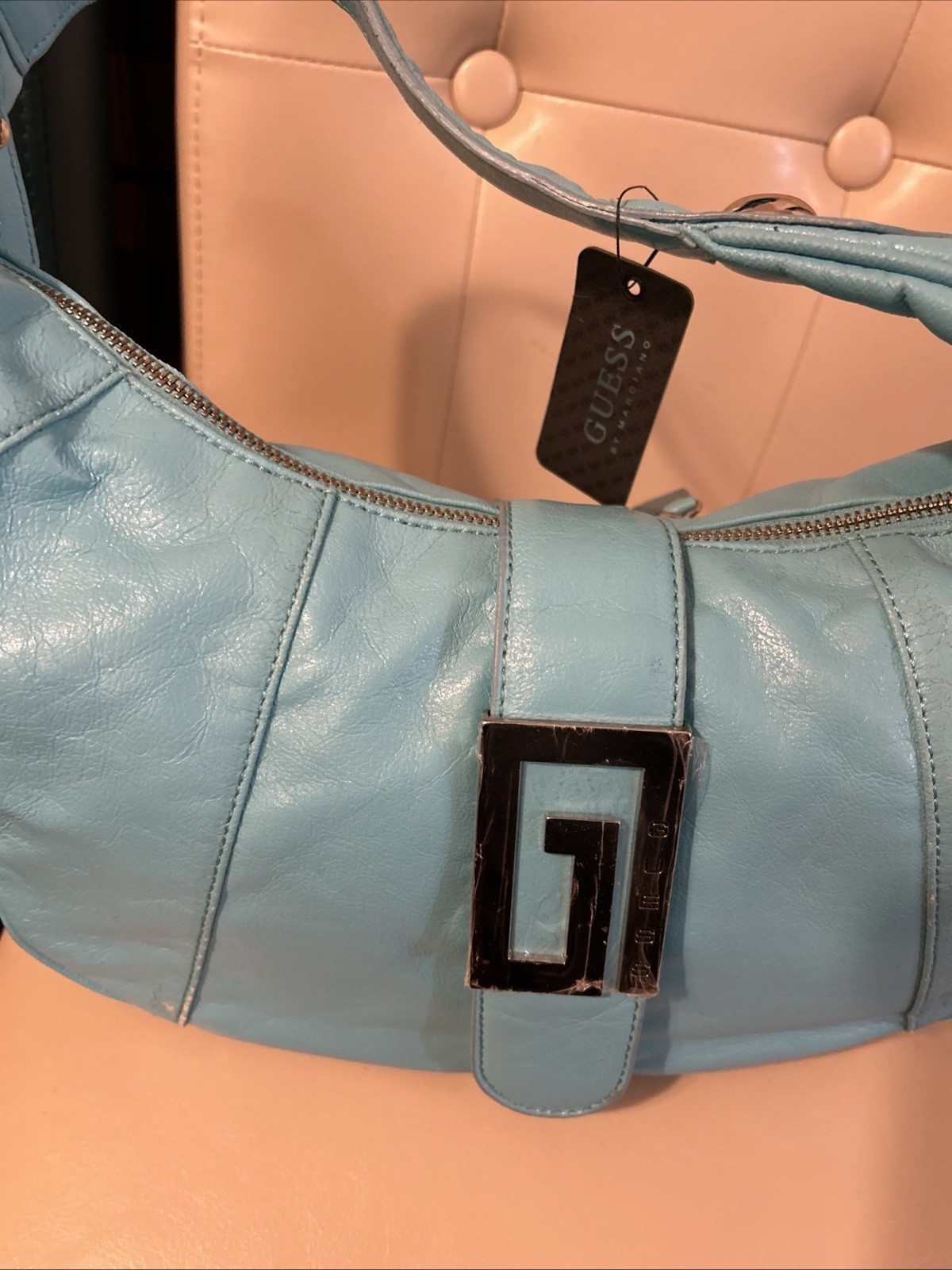 Turquoise color/ Guess shoulder bag purse with silver “ G” snap