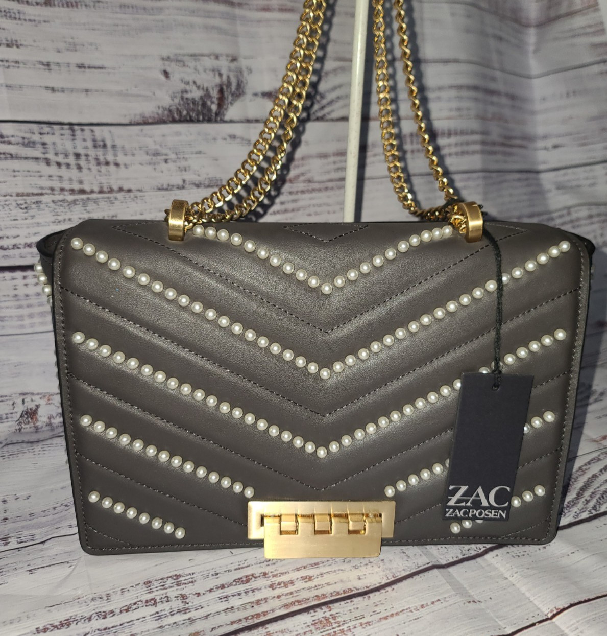 Zak Posen Soft Earthette Pearl Jumbo Gold Tone Chain Shoulder Purse 7 x 11 inch