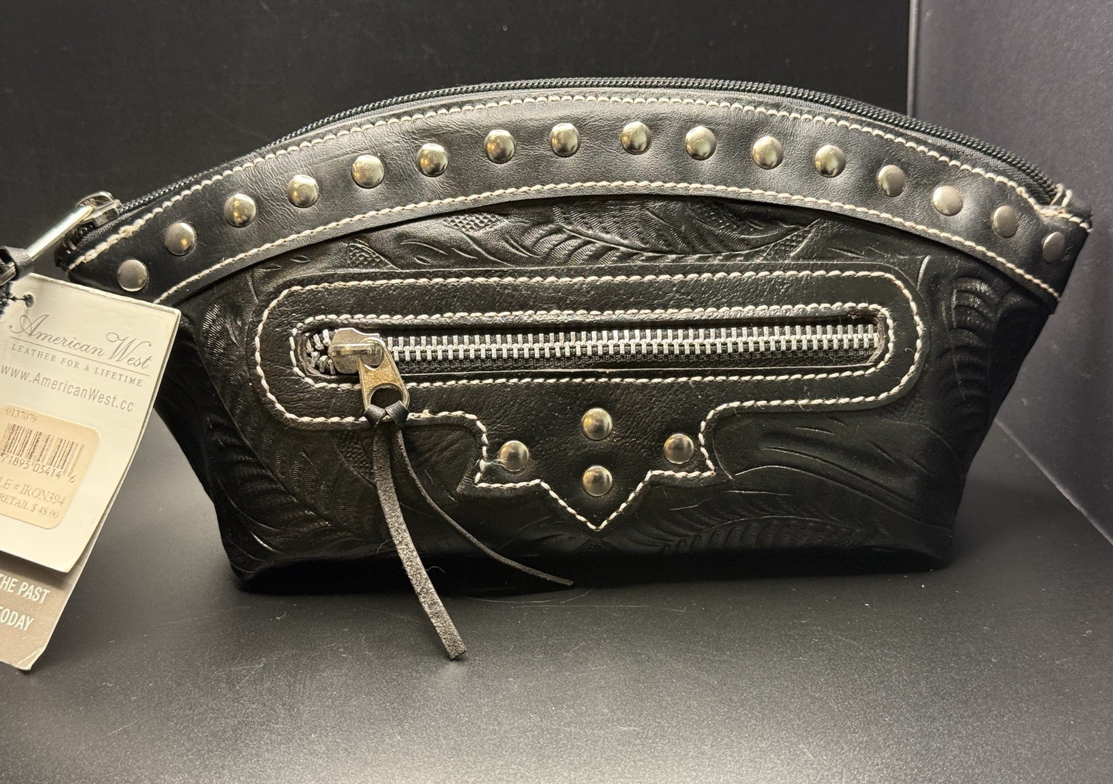 NWT American West Black Leather Hand Tooled Cosmetic Bag Pouch Studded