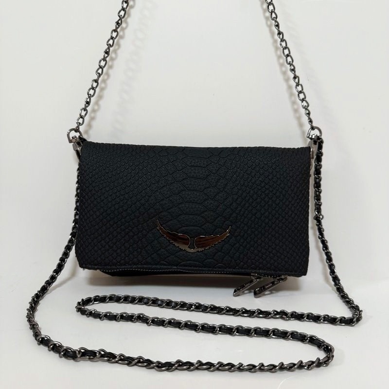 Zadig & Voltaire Snake Print Leather Rock Wing Bag Black Crossbody 21×13×3cm