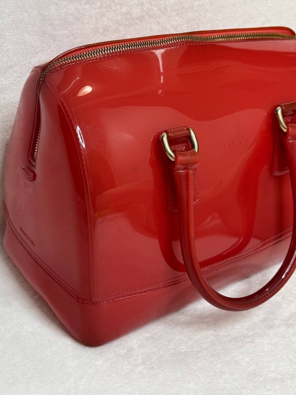 Furla Candy Bag Red Patent PVC Satchel Handbag Lock Zip Tote Purse