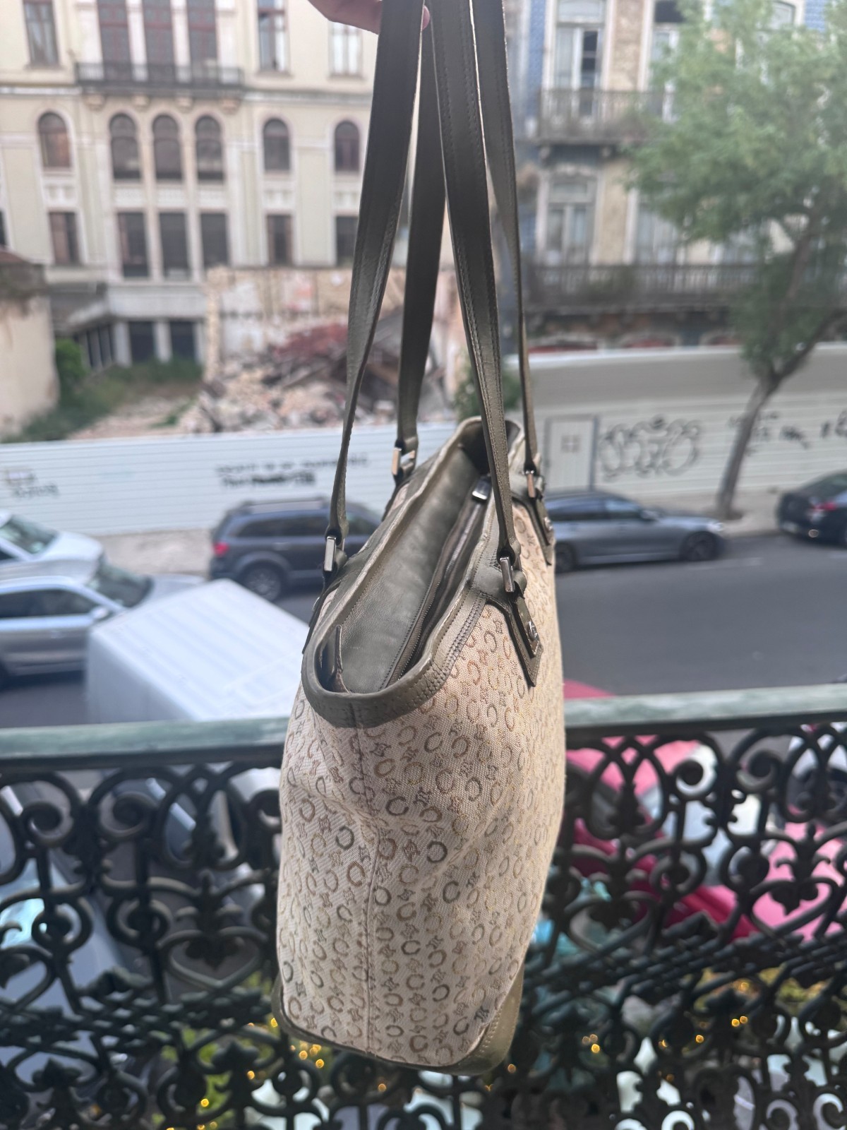 CELINE Macadam Tote Leather Canvas C logo Y2K Handbag Shoulder Bag Green Beige