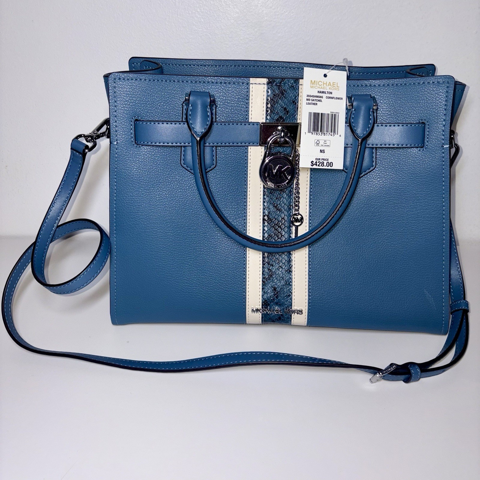 Michael Kors Women’s Hamilton Leather & Snake Embossed Stripe Bag New With Tags