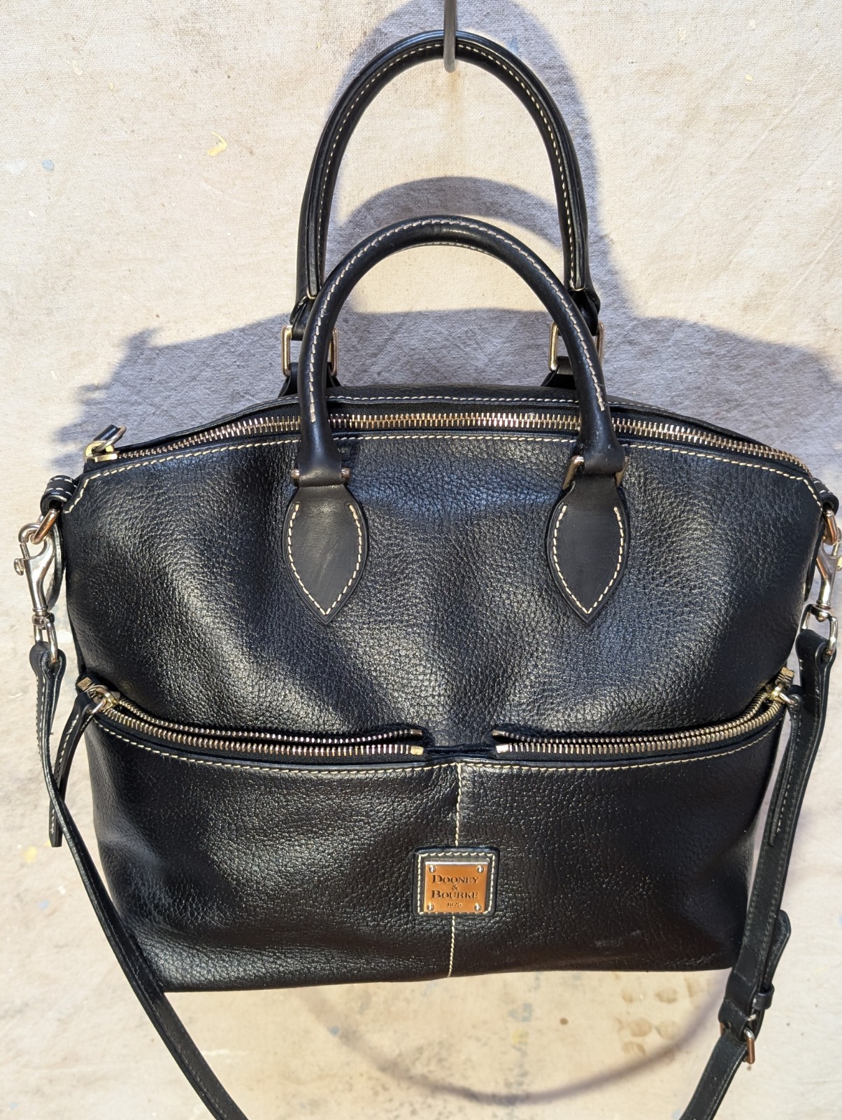 Dooney & Bourke Black Leather Dome Satchel Crossbody Bag Triple Zip-FREE Ship