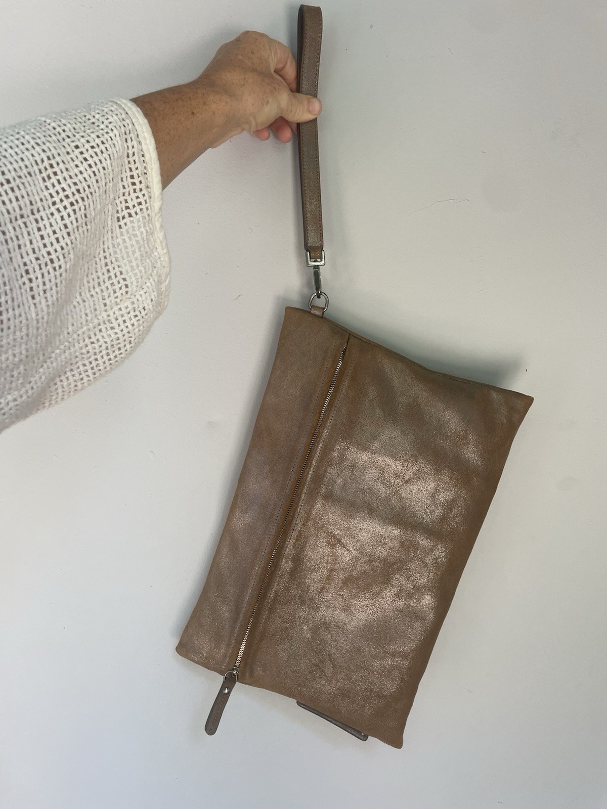 Authentic Brunello Cucinelli Metallic Suede Clutch with wool lining – Rare