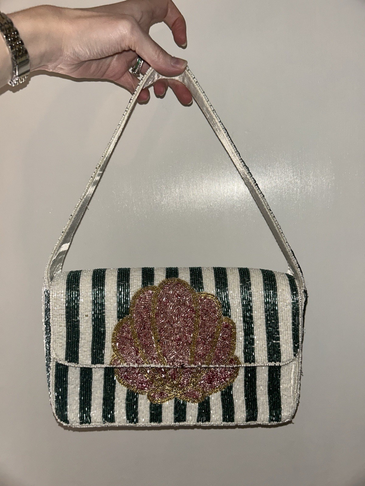 Green & White Striped Women’s Shoulder Bag, Beaded Shell Accent, Magnetic
