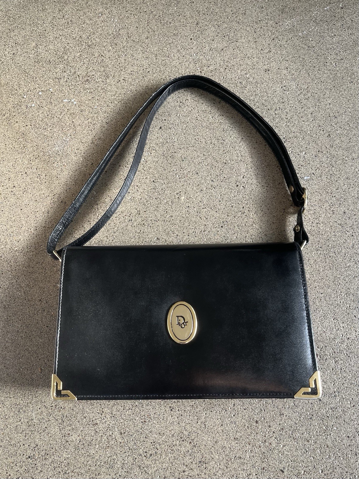 Vintage Christian Dior Black Handbag With Gold Dior Logo Black Leather Strap