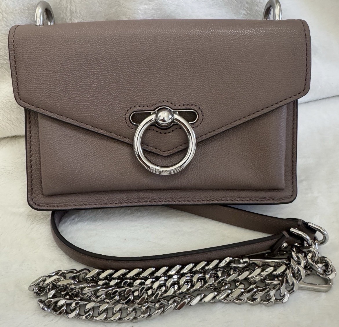 Rebecca Minkoff Taupe Snap Flap Crossbody Ring Hardware Chain, Detachable Strap