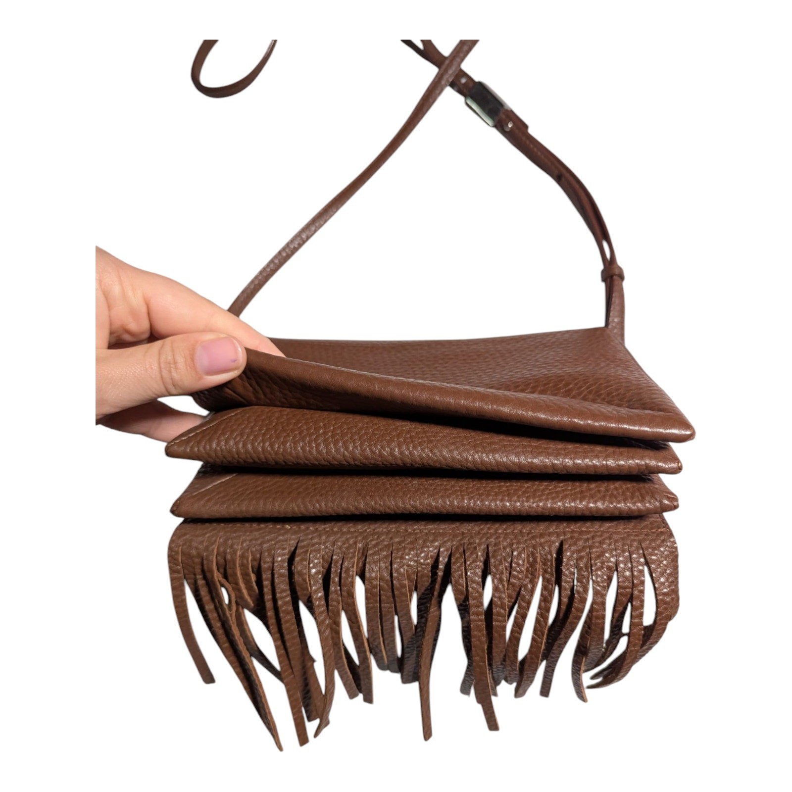 Aritzia Auxiliary Reese Brown Pebbled Leather Fringe Trim Crossbody Saddle Bag