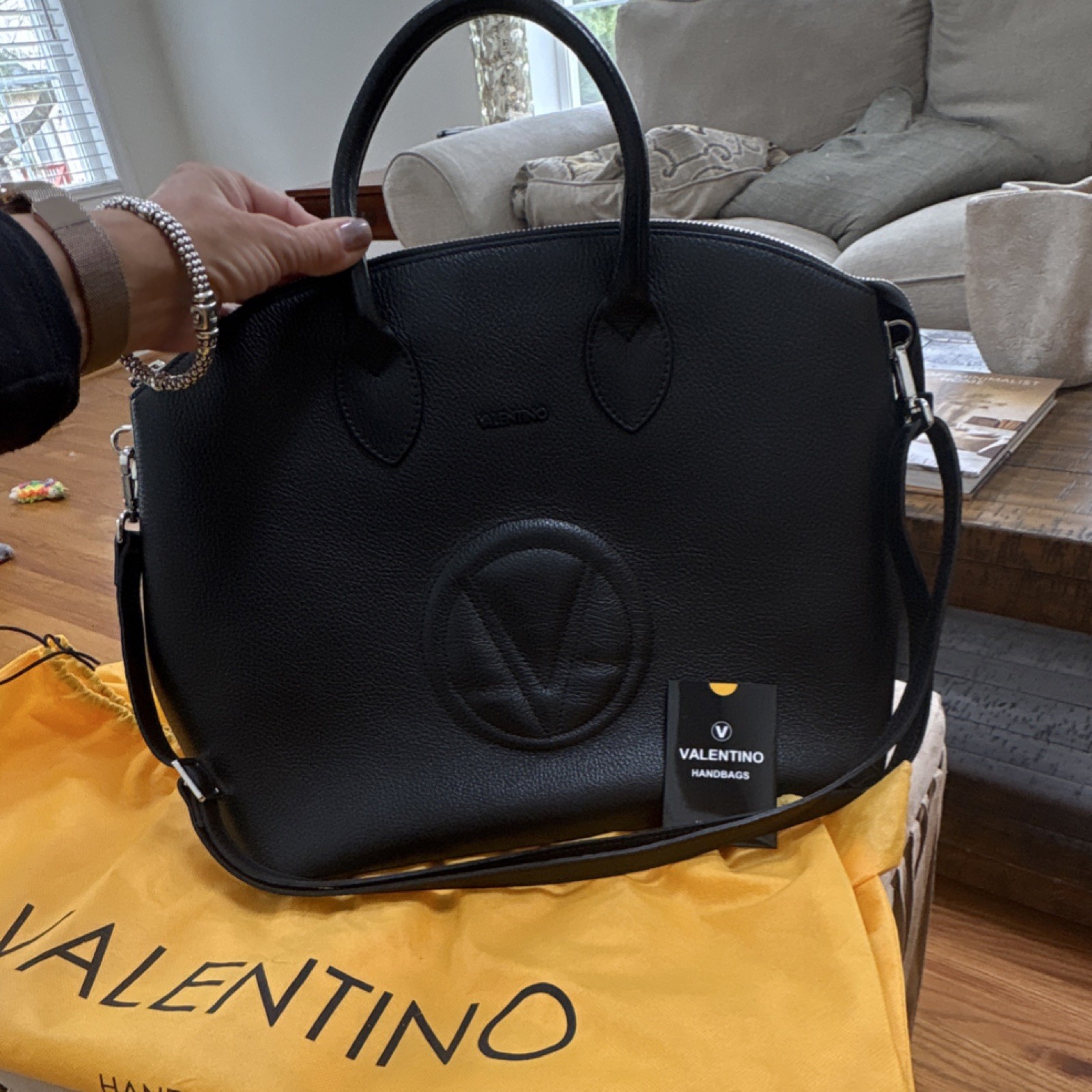 Valentino Black Satchel Top Handle Bag with Logo Accent, Dust Bag & Brand Card