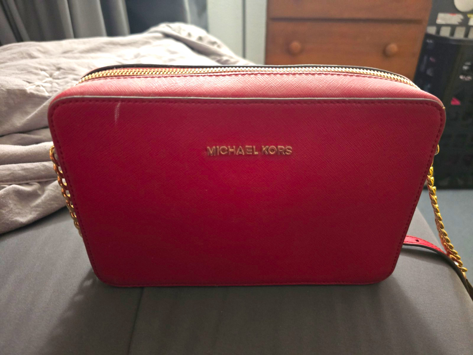 Michael Kors Red Zip Crossbody Bag w/ Chain Strap Gold Tone Hardware