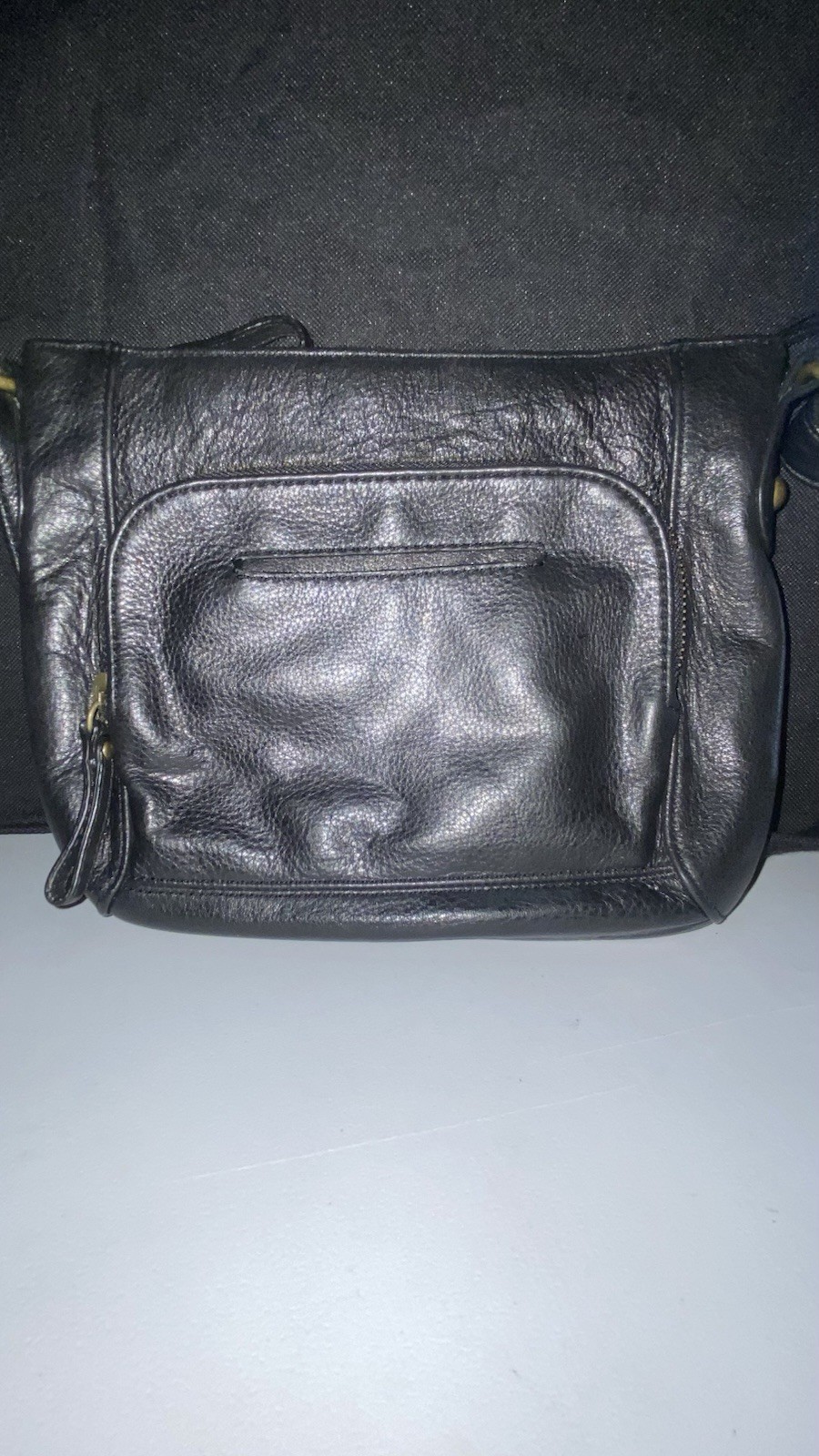 Audrey Brooke Black Leather Shoulder Bag Thick Pebble Leather Multi Compartments