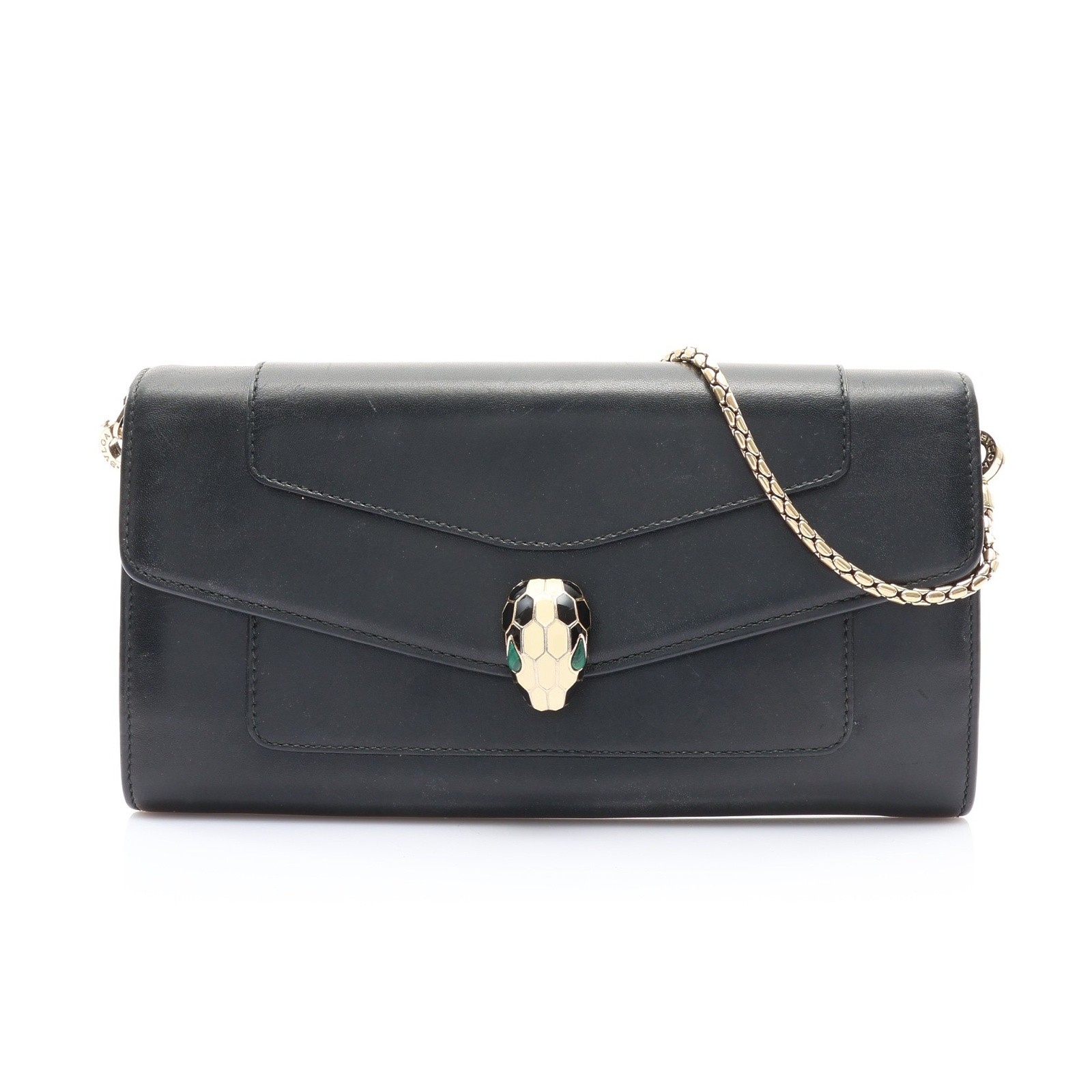 BVLGARI Serpenti Forever Wallet On Chain Shoulder Bag Calfskin Black