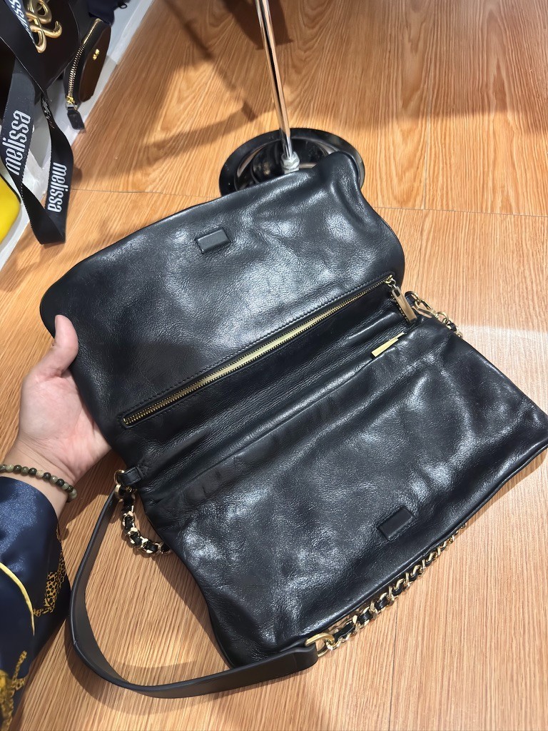 Tory Burch Reva Fold-Over Leather Crossbody Gold Chain Bag, Black