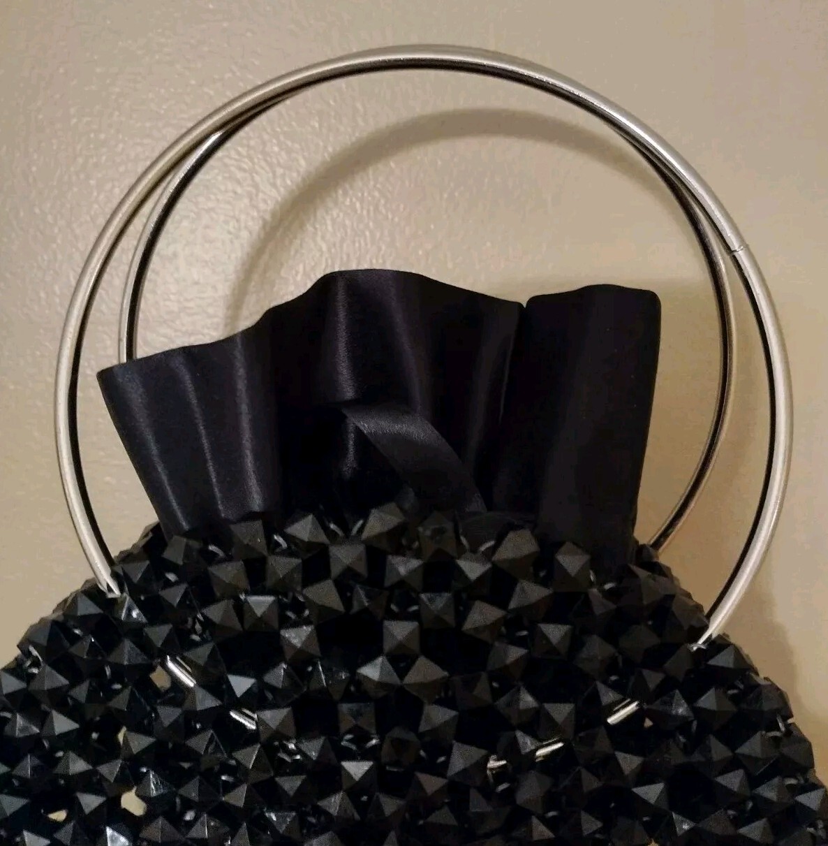 Handmade Beaded Purse Black Round Chunky Metal Handle Removable Pouch Unique New