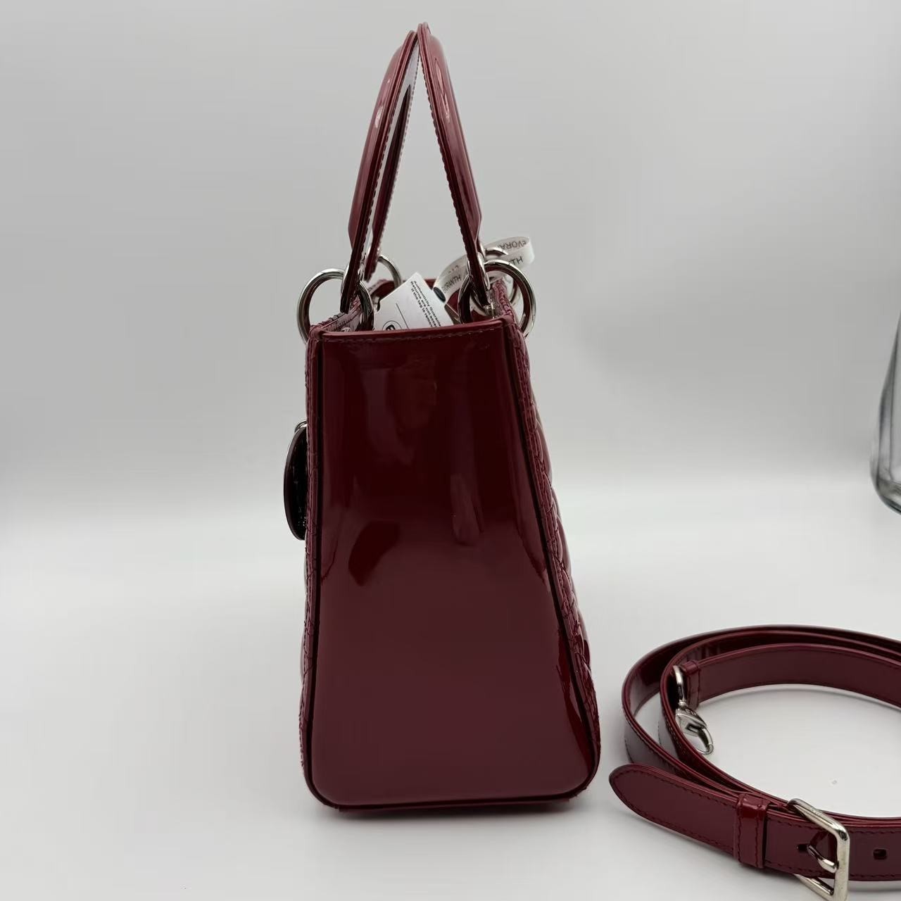 Dior Lady Dior Medium Red Patent Leather Cannage Top Handle Crossbody Bag Good