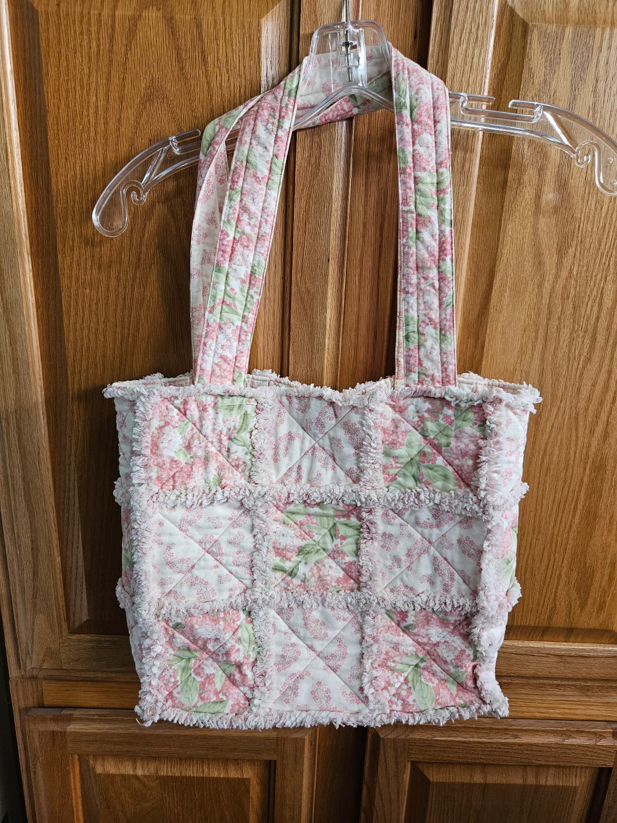 Handmade Quilted Pink Floral Rag Patchwork Shoulder Tote Bag Frayed Seams