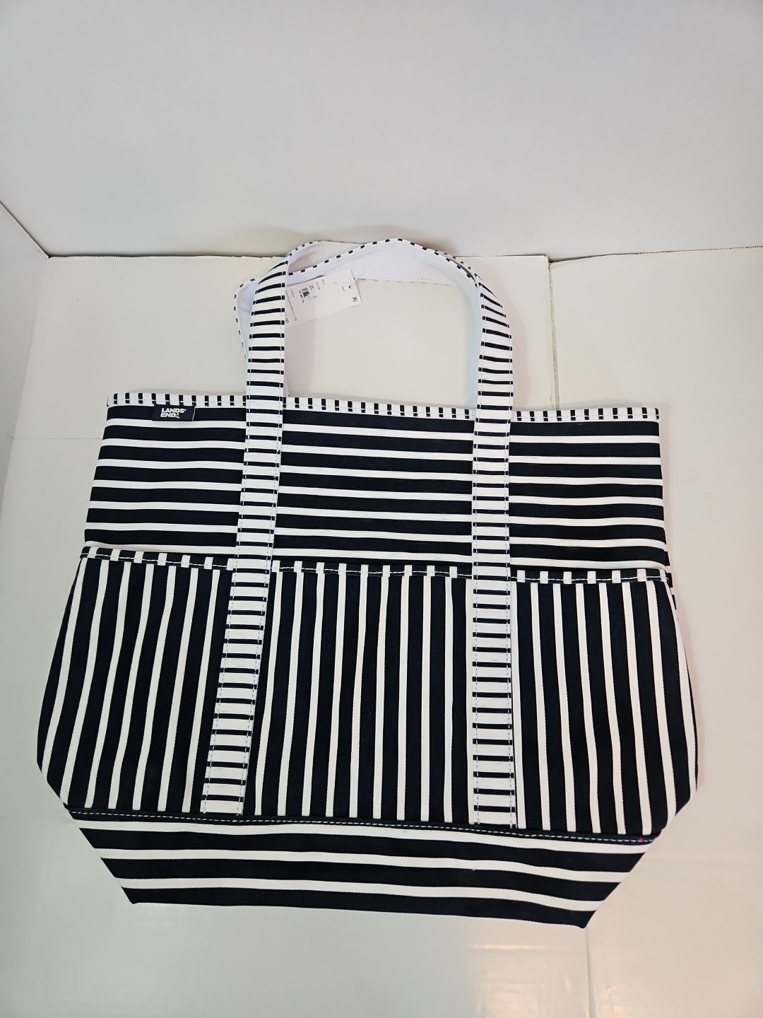 NEW Lands’ End Large abt 18x14x12 Canvas Tote Bag Open Top Black White