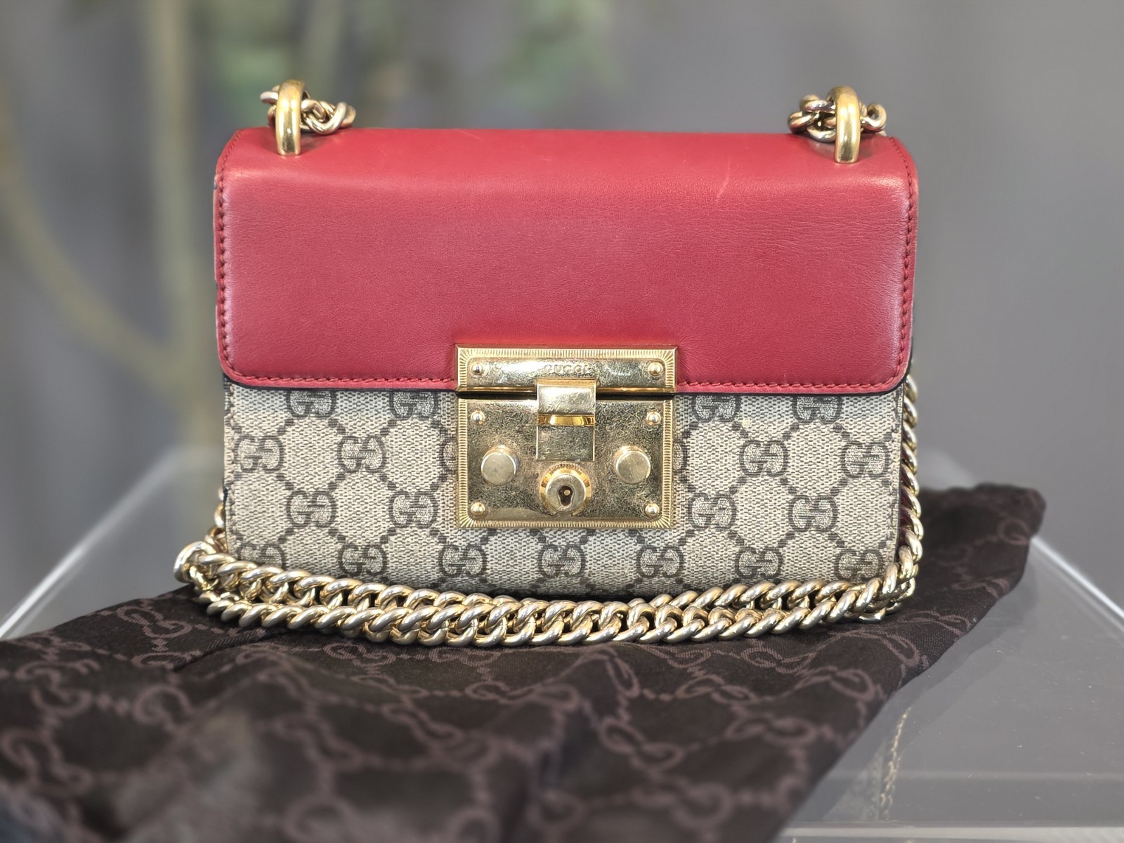 Gucci Padlock GG Supreme Shoulder Bag Red Pink Leather Trim Gold Chain w/ COA