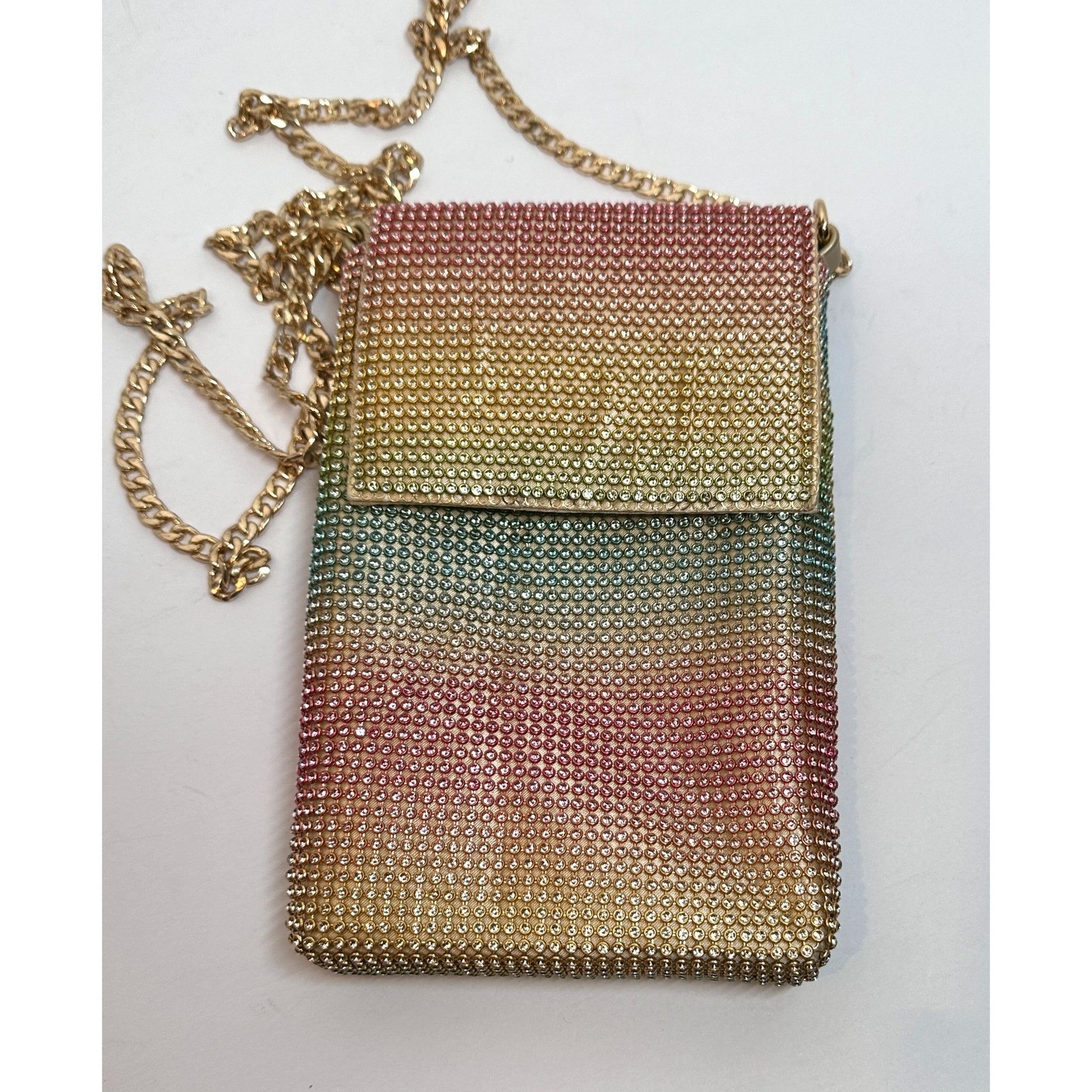 JustFab Rhinestone Crossbody Purse Rainbow Ombre Gold Evening Glam Fairy Wedding