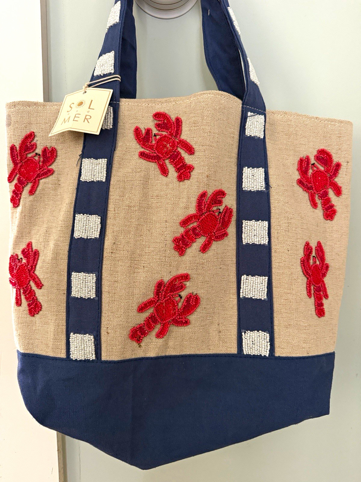 Sol & Mer Beige/Blue/Red Beaded Lobster Tote Bag, Double Handles, Beach Nautical