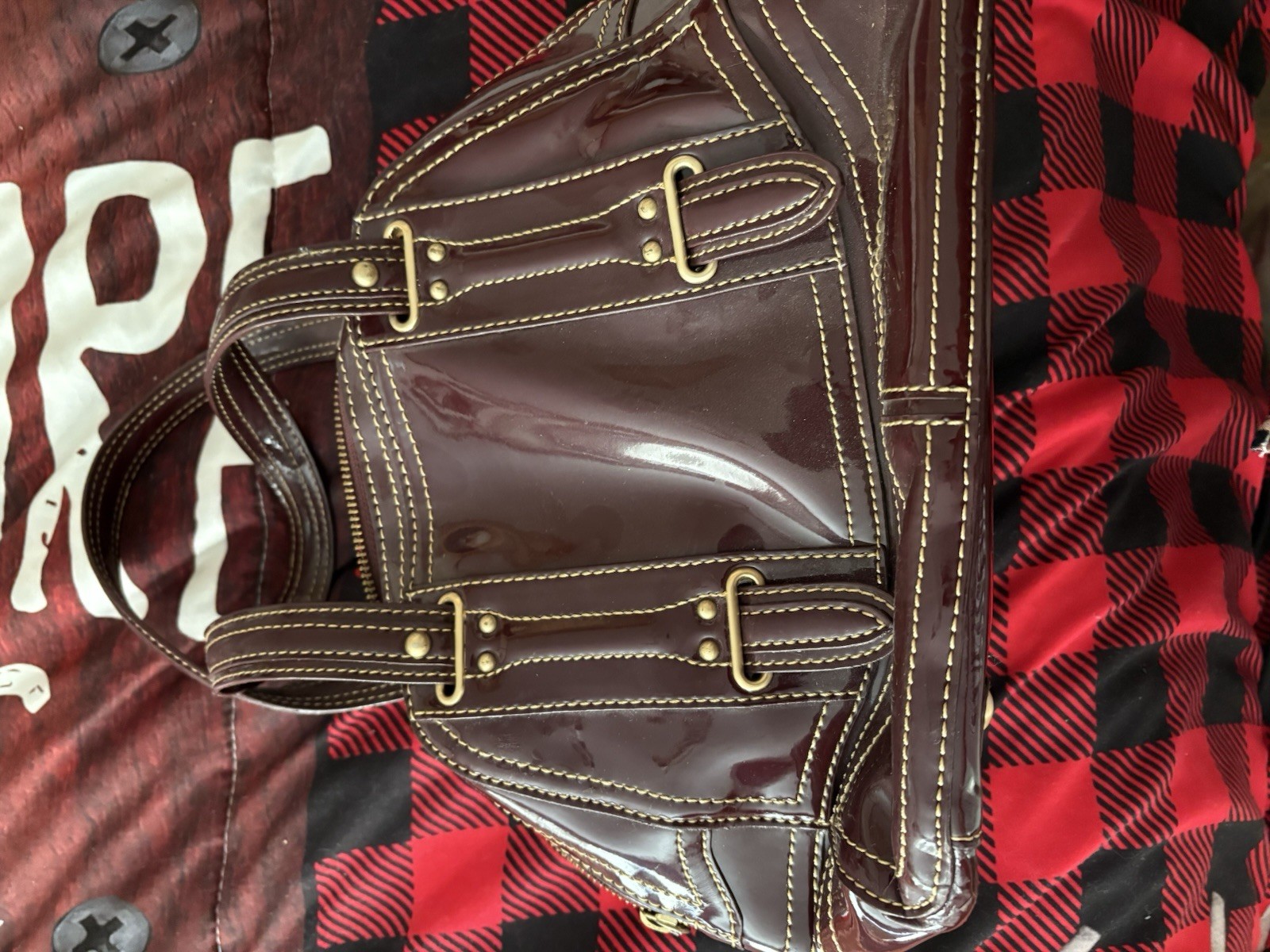 Maxx New York Brown Patent Satchel Top Handle Zebra Lined Zip Inner Pockets