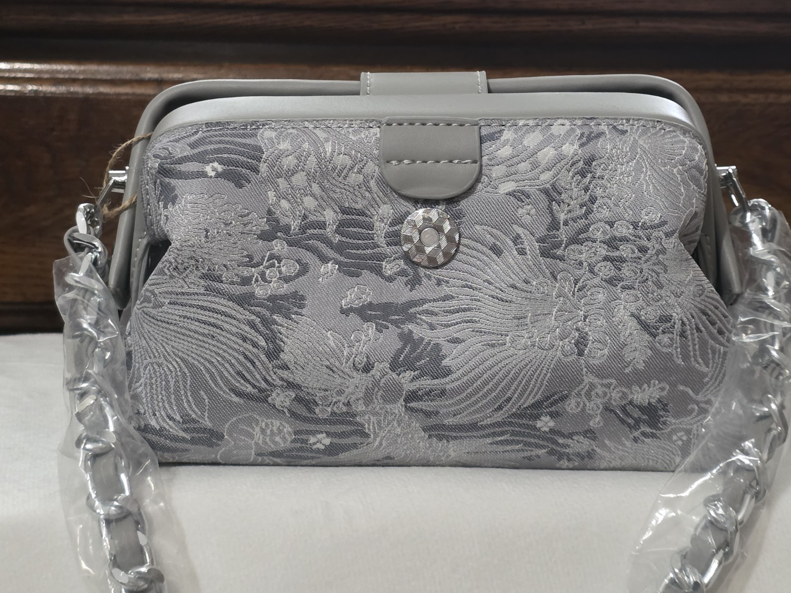 Blue-Gray Jacquard Small Clutch W Chain/Shoulder Purse Grand Metal Accent NWT