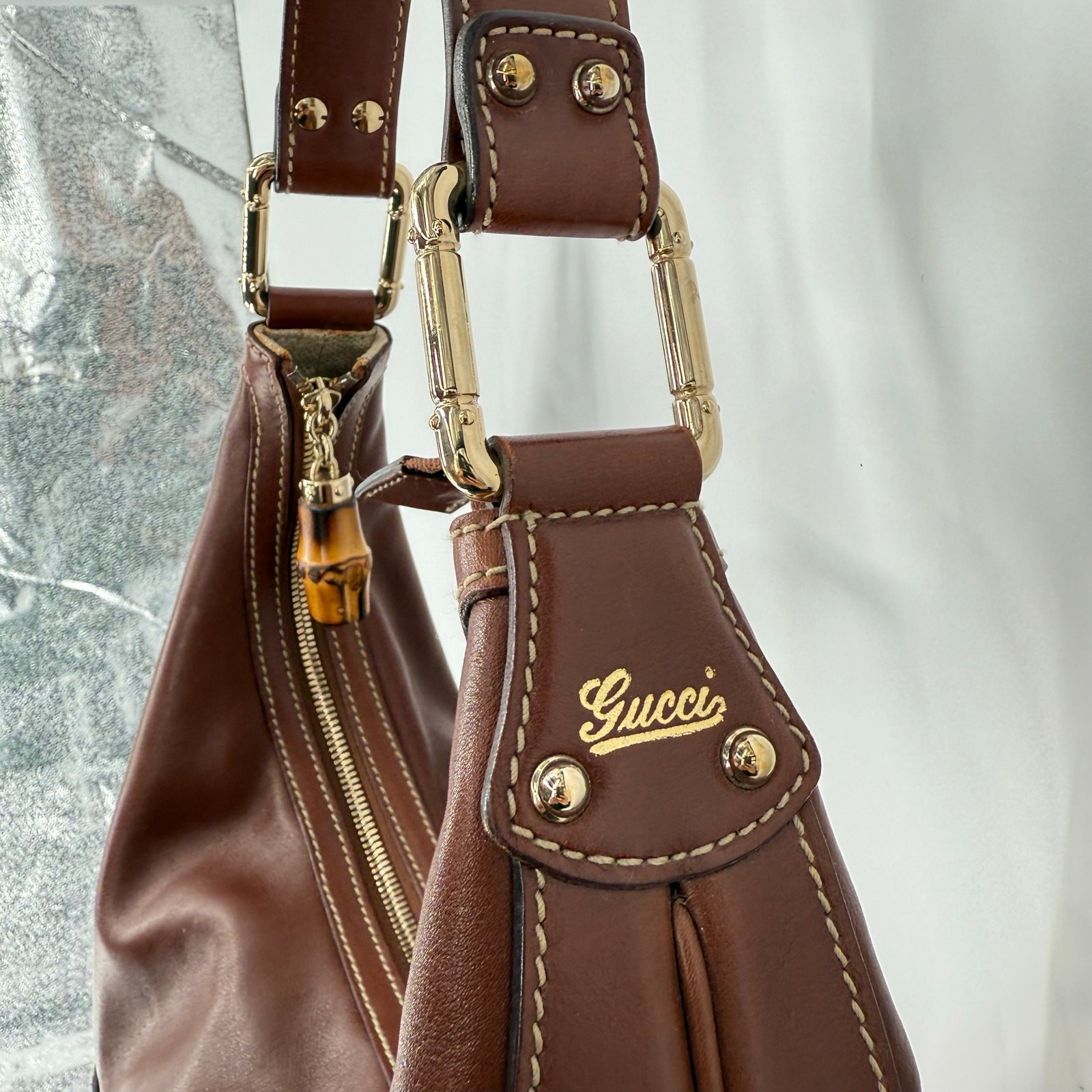 GUCCI Brown Leather Bamboo Amalfi Hobo Shoulder Bag