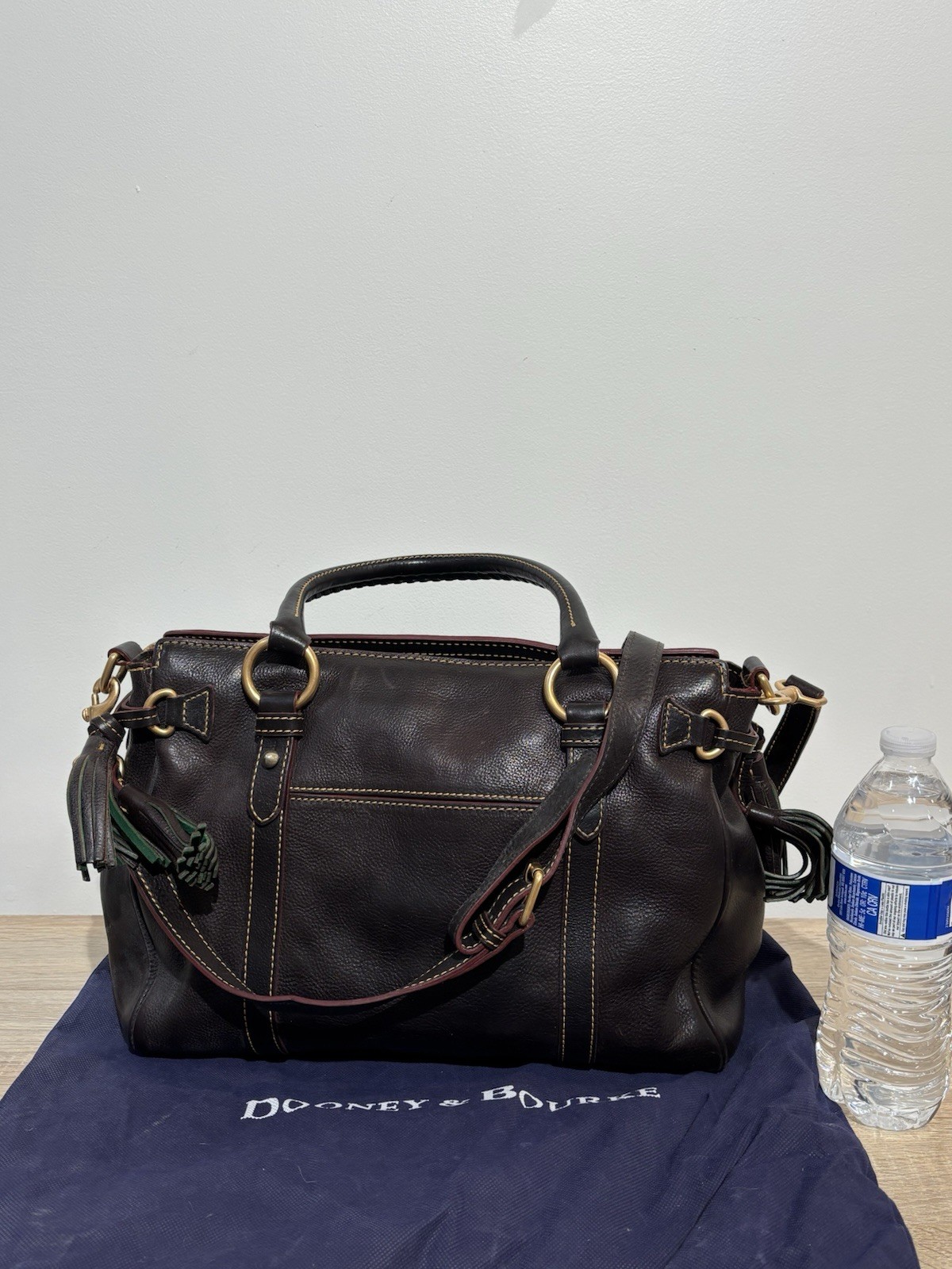 Dooney & Bourke Brown Satchel Zip, Double Handles, Tassel, Strap, Gold HW