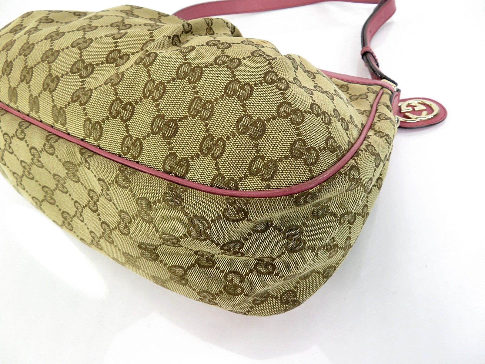 Auth GUCCI Sukey Brown GG Canvas and Pink Leather Shoulder Bag Purse #62121