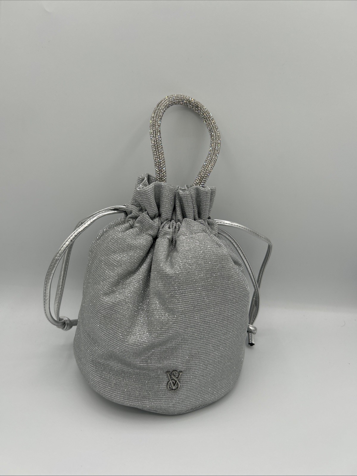 Victoria’s Secret Silver Metallic Shimmer Drawstring Bucket Bag Rhinestone NWT