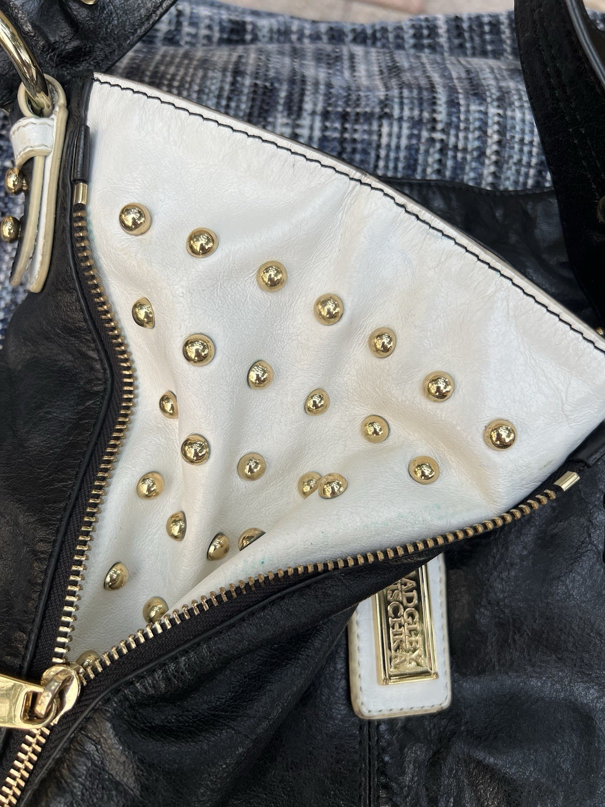 Badgley Mischka black leather shoulder tote crossbody bag w gold studded accents
