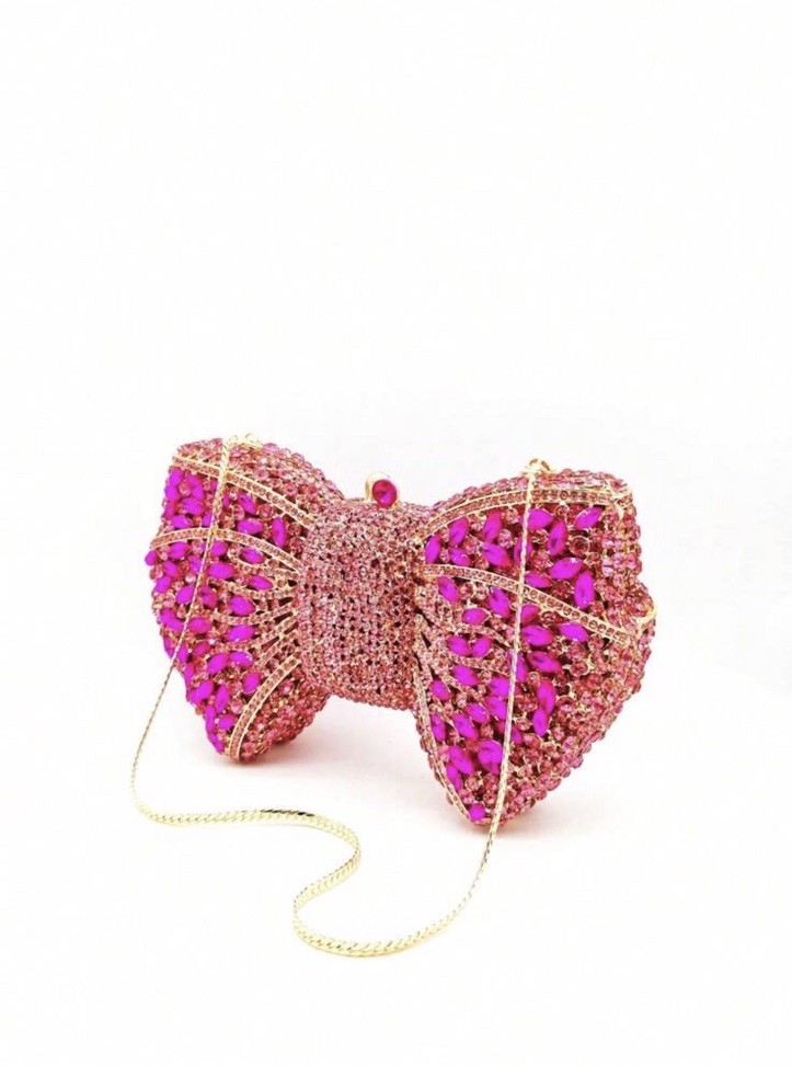 Pink Rhinestone Crystal Bow Clutch Purse, Gold Chain Shoulder Strap, Clasp