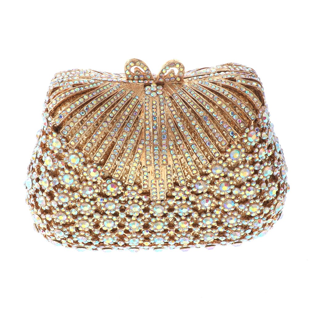 Gold Tone Alloy Metal Rhinestone Crystal Clutch Evening Bag HB6206-GAB