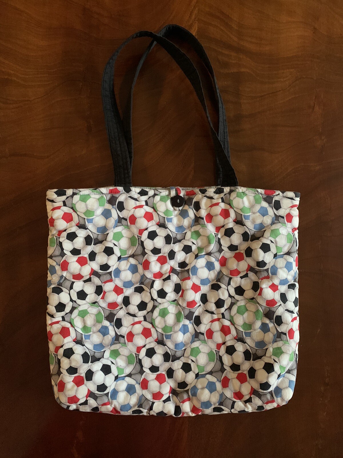Soccer Oversized Quilted Tote Bag 17 1/2” x 15 1/2”; Black Straps Grey Interior